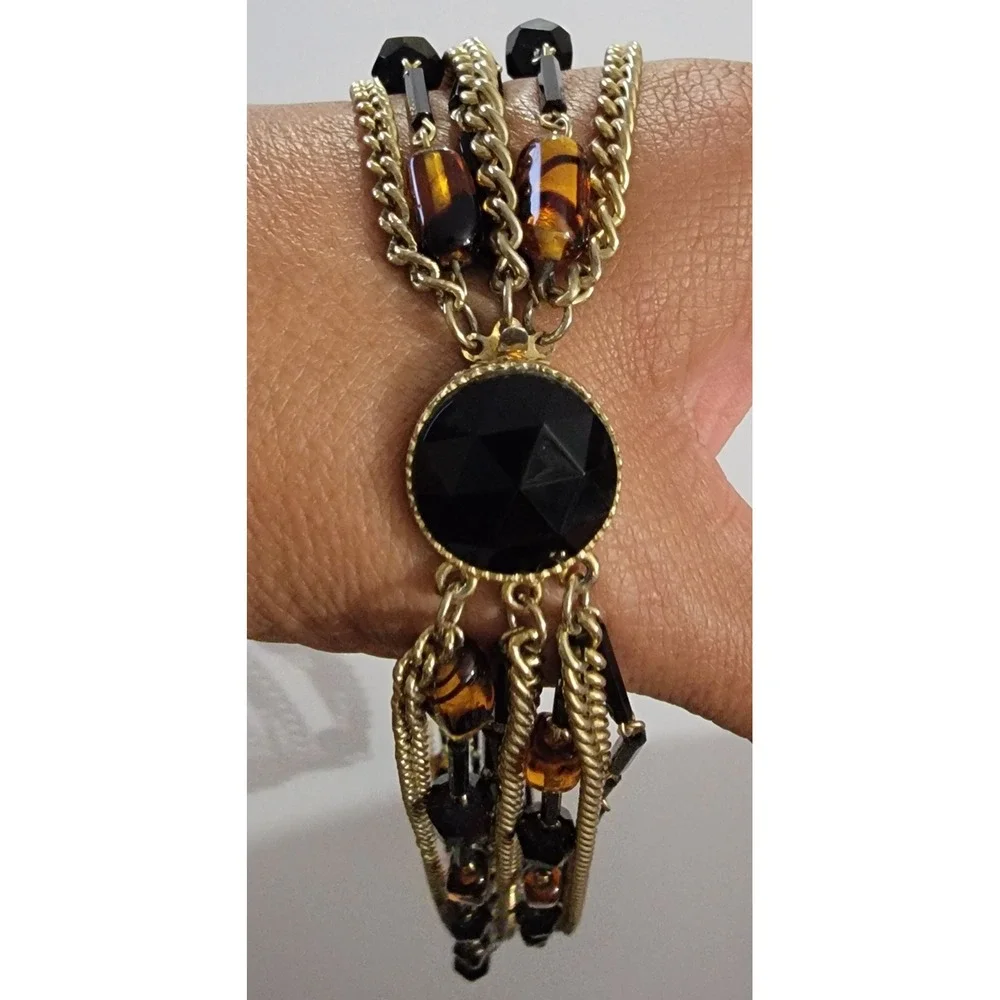 Vintage Multi Strand Gold Tone Beaded Statement Necklace Black Tortoise Shell